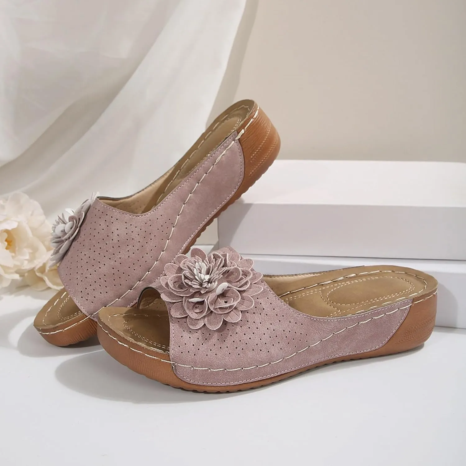 Flowers Orthopedic Sandals for Women Arch Support Fish Mouth Open Toe Leather Slippers Wedge Platform Sandal