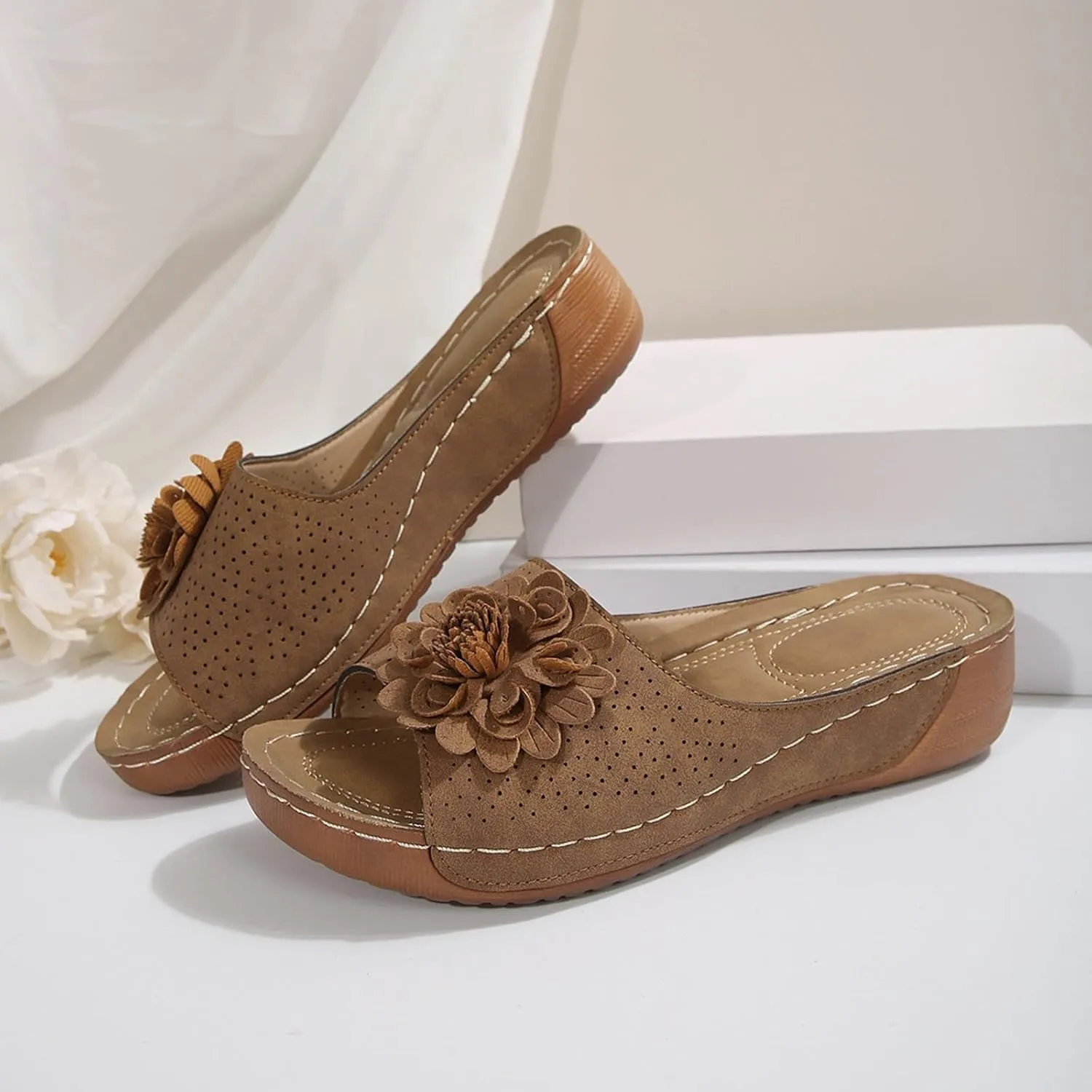 Flowers Orthopedic Sandals for Women Arch Support Fish Mouth Open Toe Leather Slippers Wedge Platform Sandal