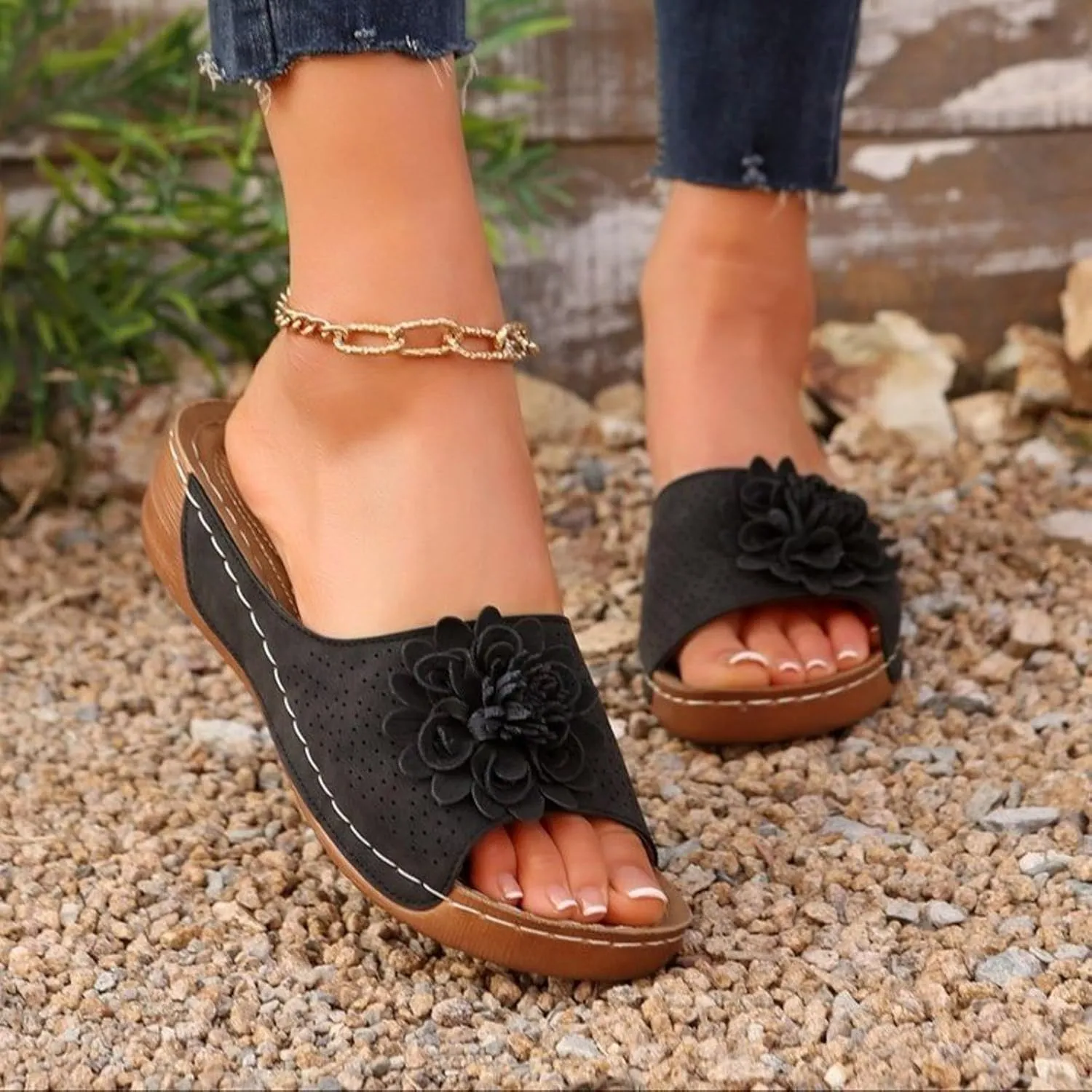 Flowers Orthopedic Sandals for Women Arch Support Fish Mouth Open Toe Leather Slippers Wedge Platform Sandal