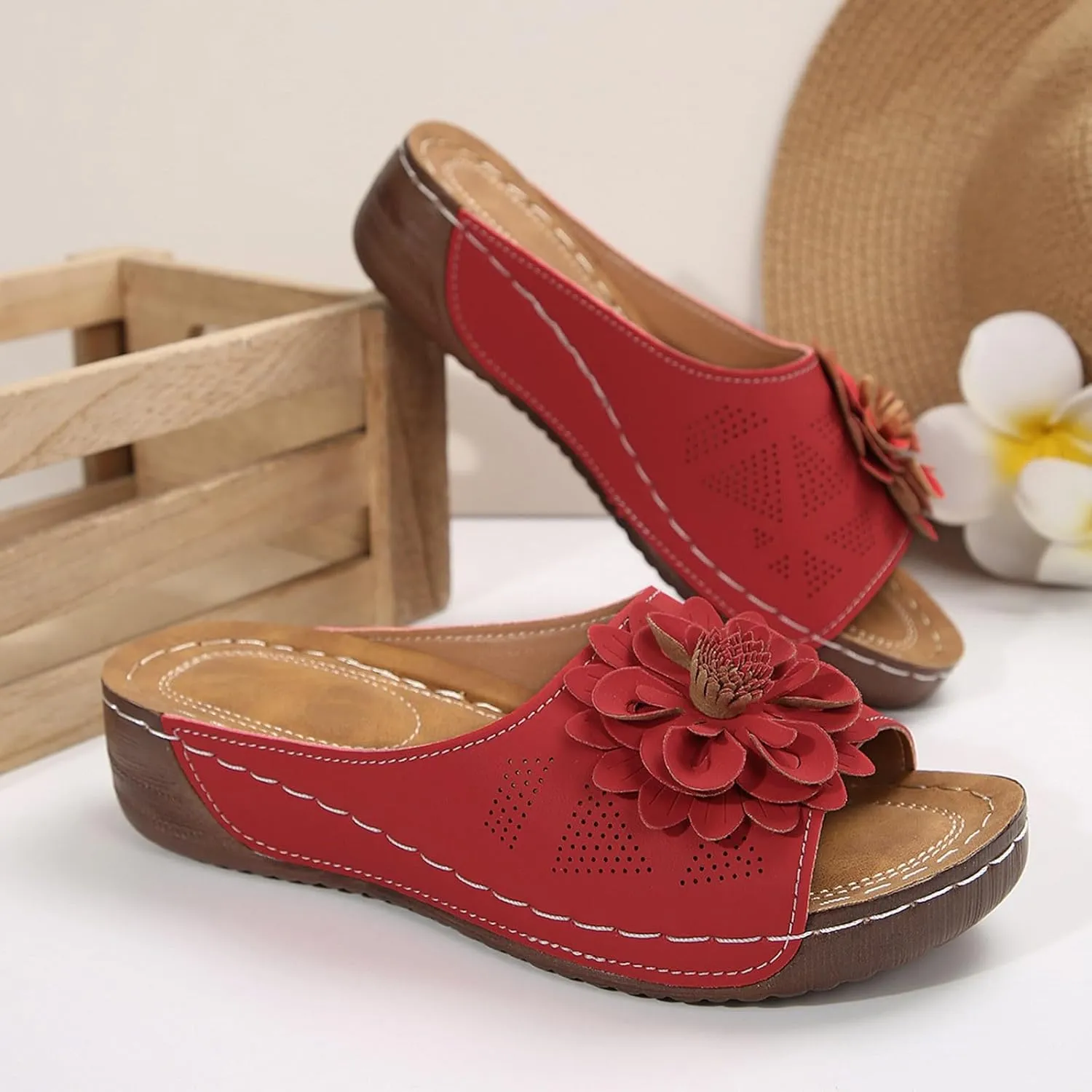 Flowers Orthopedic Sandals for Women Arch Support Fish Mouth Open Toe Leather Slippers Wedge Platform Sandal