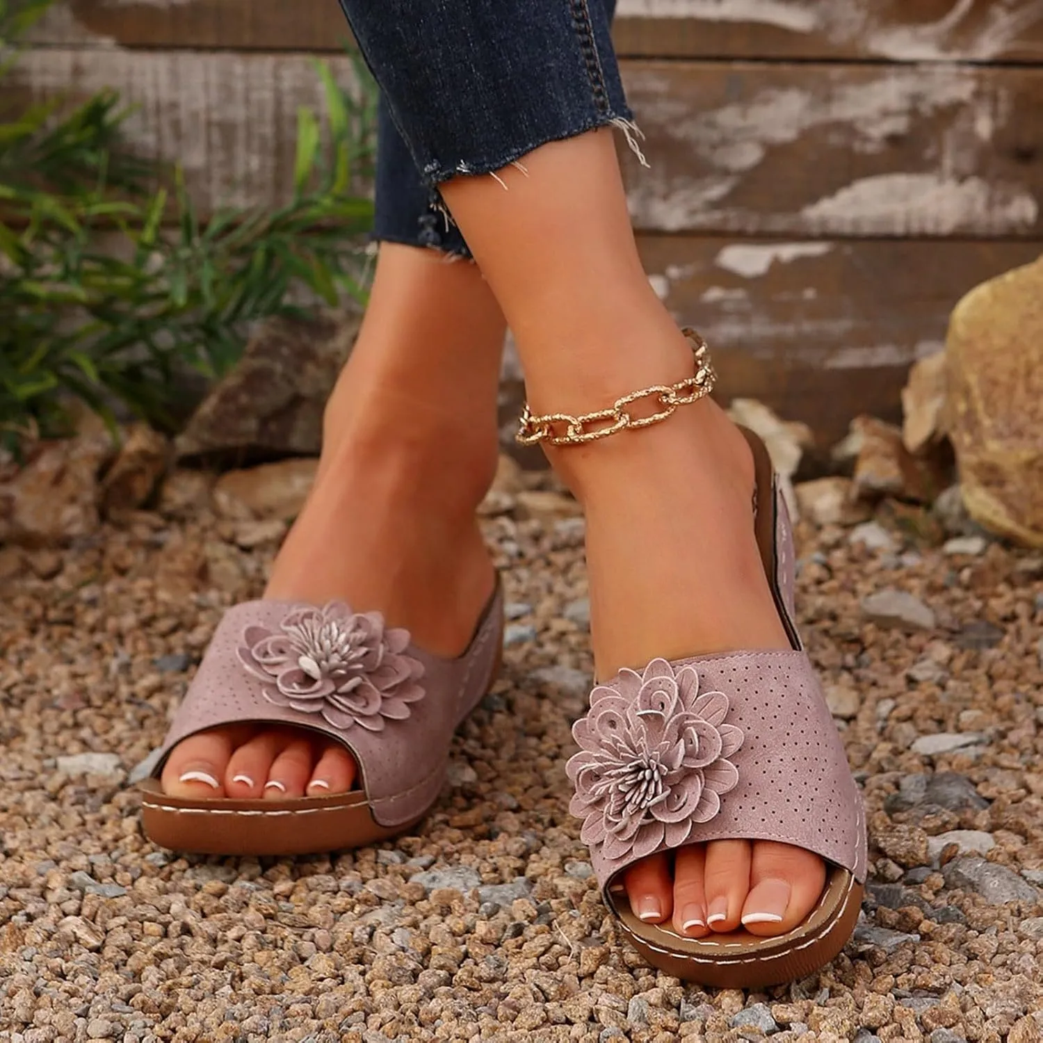 Flowers Orthopedic Sandals for Women Arch Support Fish Mouth Open Toe Leather Slippers Wedge Platform Sandal