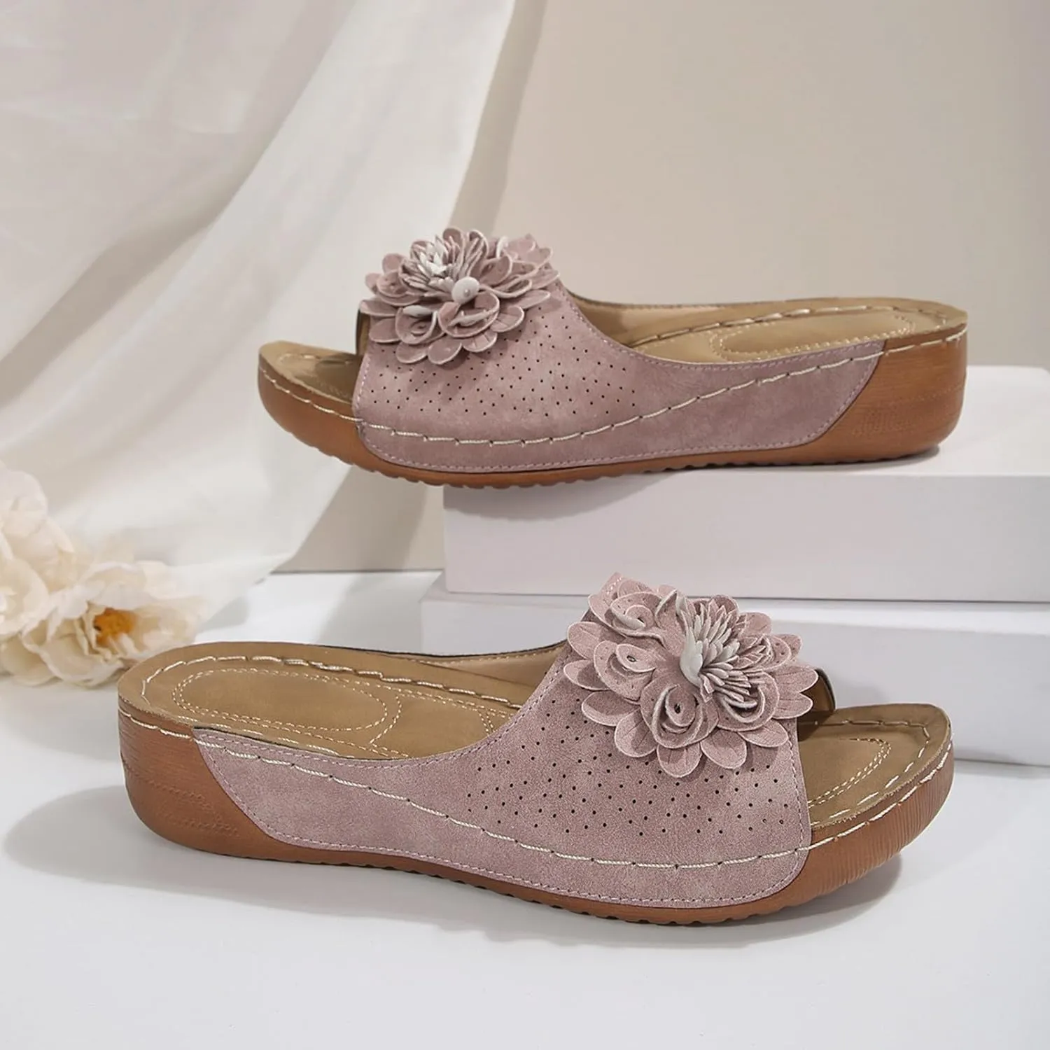 Flowers Orthopedic Sandals for Women Arch Support Fish Mouth Open Toe Leather Slippers Wedge Platform Sandal