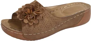 Flowers Orthopedic Sandals for Women Arch Support Fish Mouth Open Toe Leather Slippers Wedge Platform Sandal