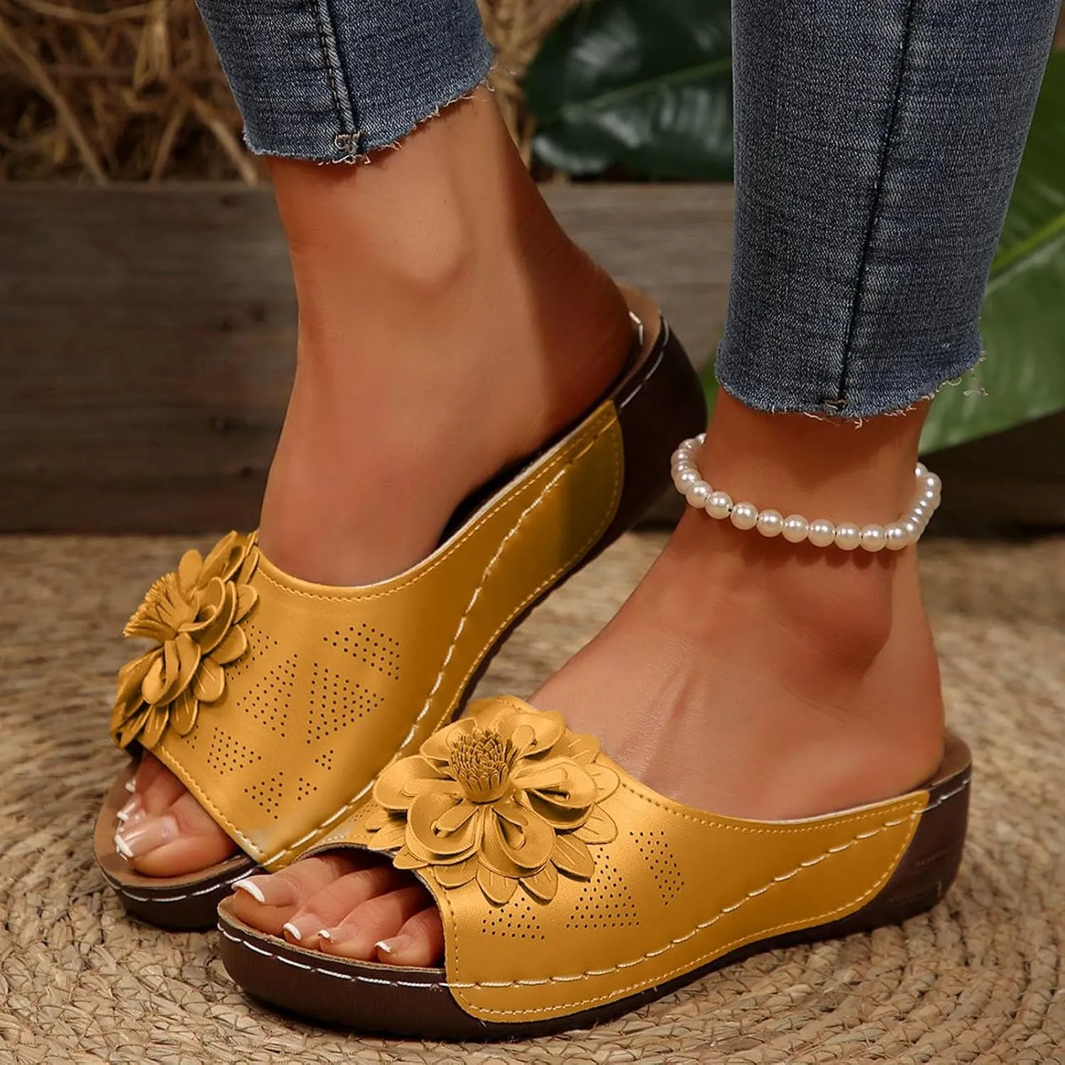 Flowers Orthopedic Sandals for Women Arch Support Fish Mouth Open Toe Leather Slippers Wedge Platform Sandal