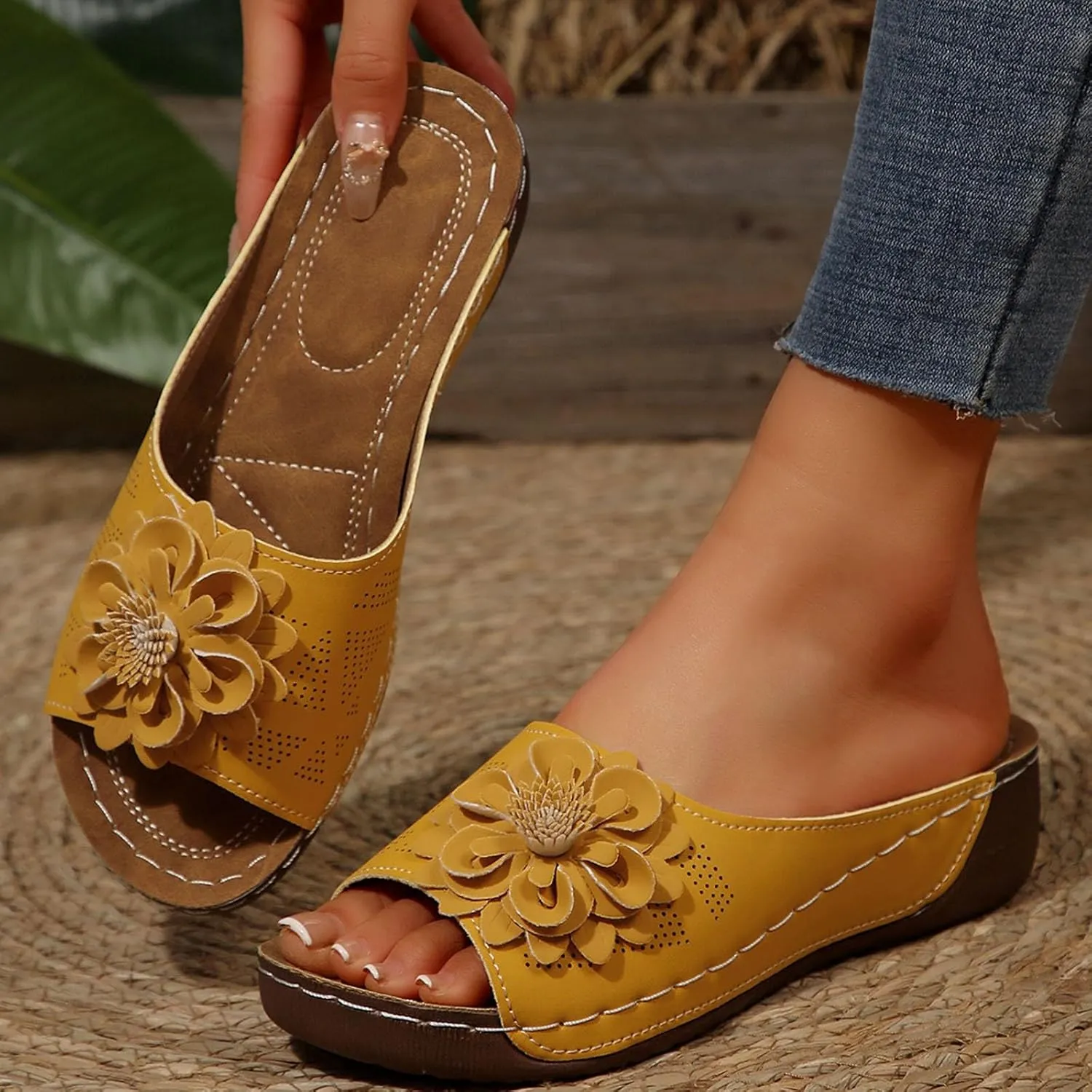 Flowers Orthopedic Sandals for Women Arch Support Fish Mouth Open Toe Leather Slippers Wedge Platform Sandal