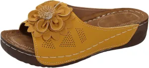 Flowers Orthopedic Sandals for Women Arch Support Fish Mouth Open Toe Leather Slippers Wedge Platform Sandal