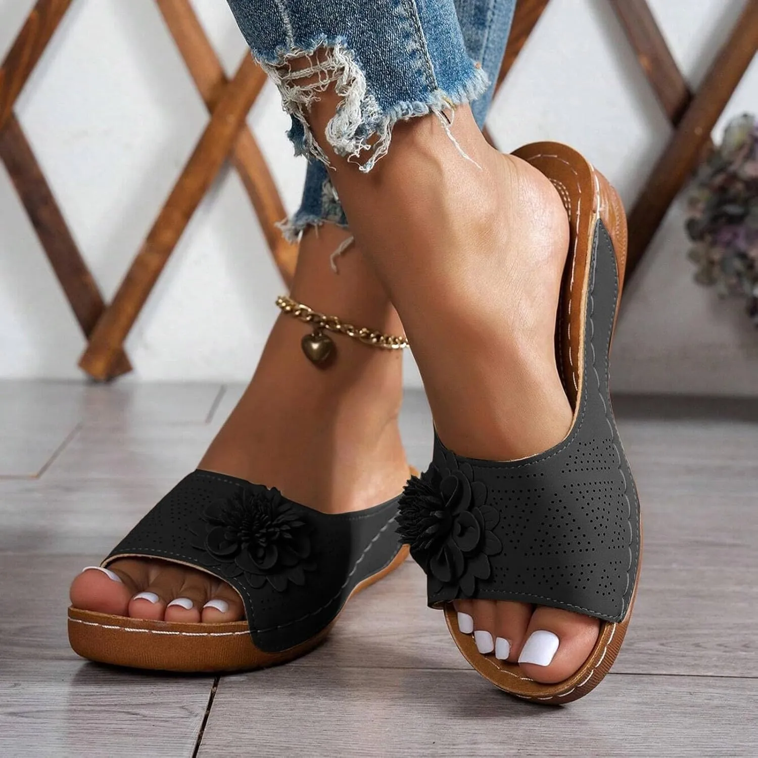 Flowers Orthopedic Sandals for Women Arch Support Fish Mouth Open Toe Leather Slippers Wedge Platform Sandal
