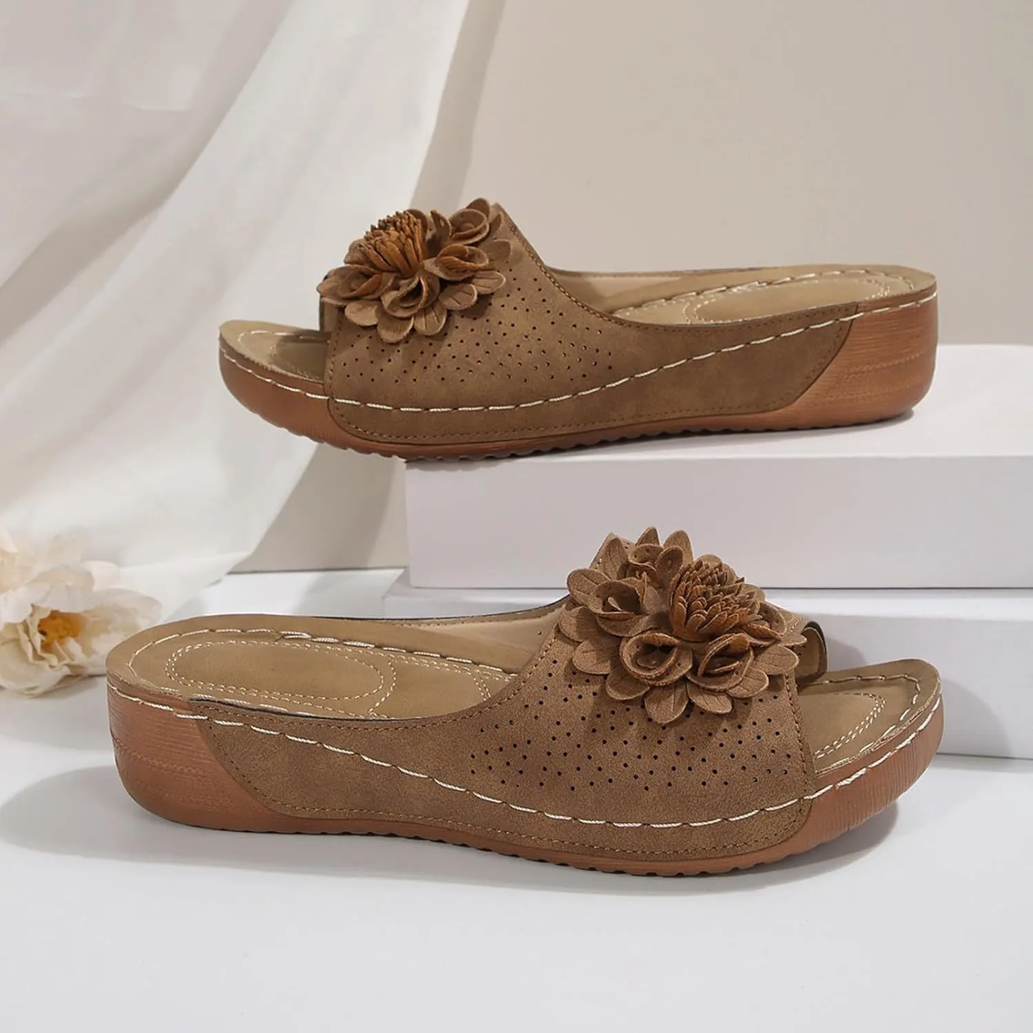 Flowers Orthopedic Sandals for Women Arch Support Fish Mouth Open Toe Leather Slippers Wedge Platform Sandal