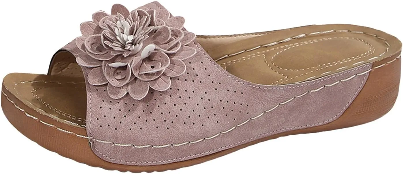 Flowers Orthopedic Sandals for Women Arch Support Fish Mouth Open Toe Leather Slippers Wedge Platform Sandal