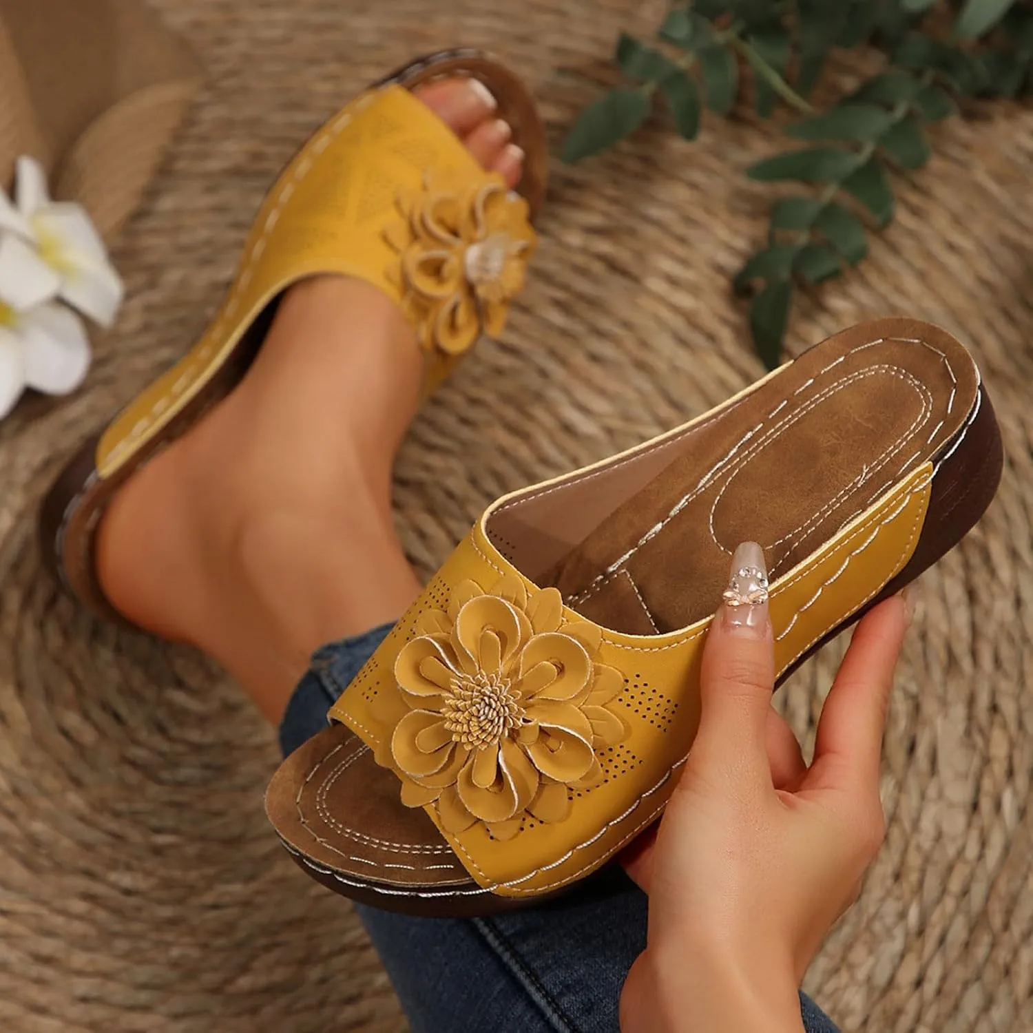 Flowers Orthopedic Sandals for Women Arch Support Fish Mouth Open Toe Leather Slippers Wedge Platform Sandal