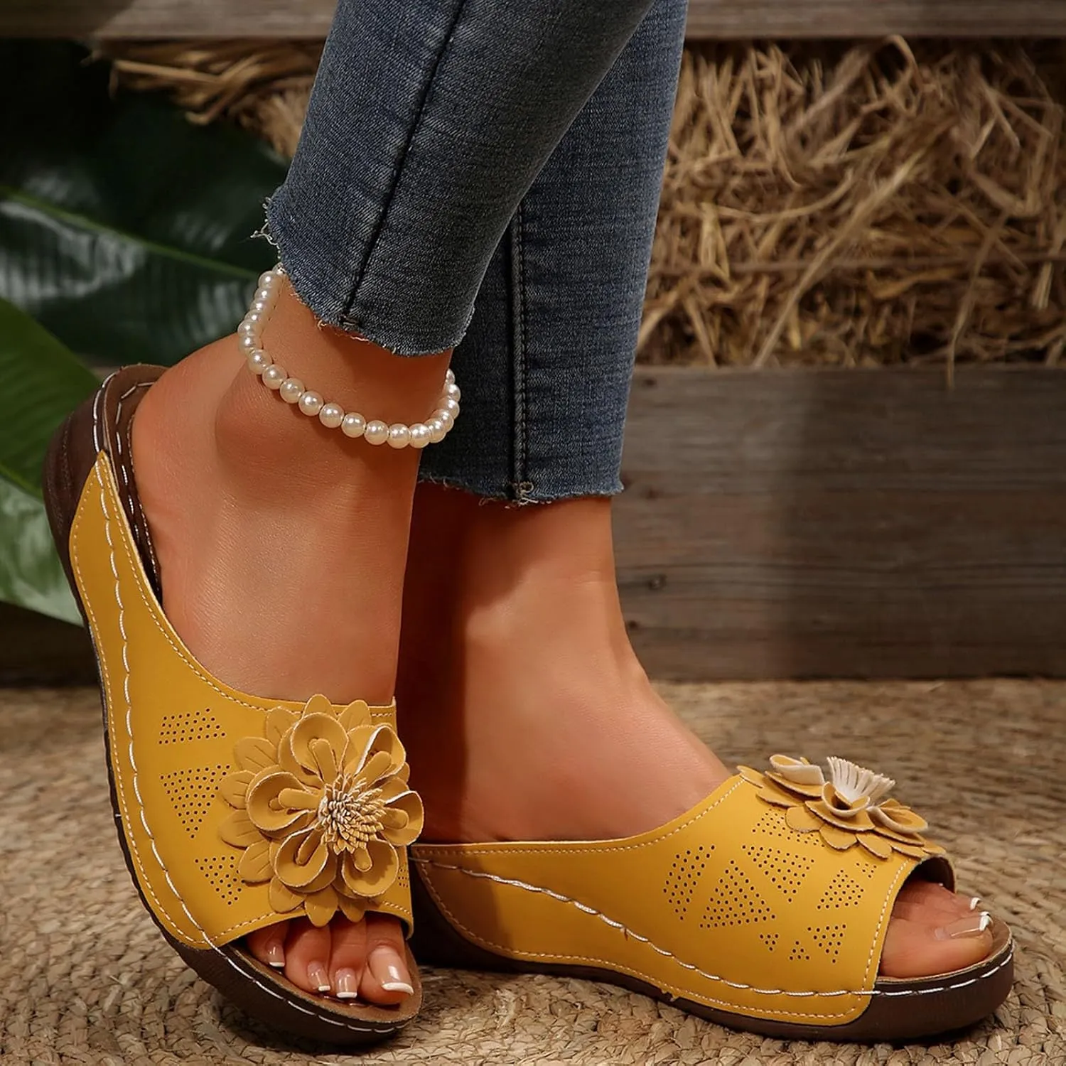 Flowers Orthopedic Sandals for Women Arch Support Fish Mouth Open Toe Leather Slippers Wedge Platform Sandal