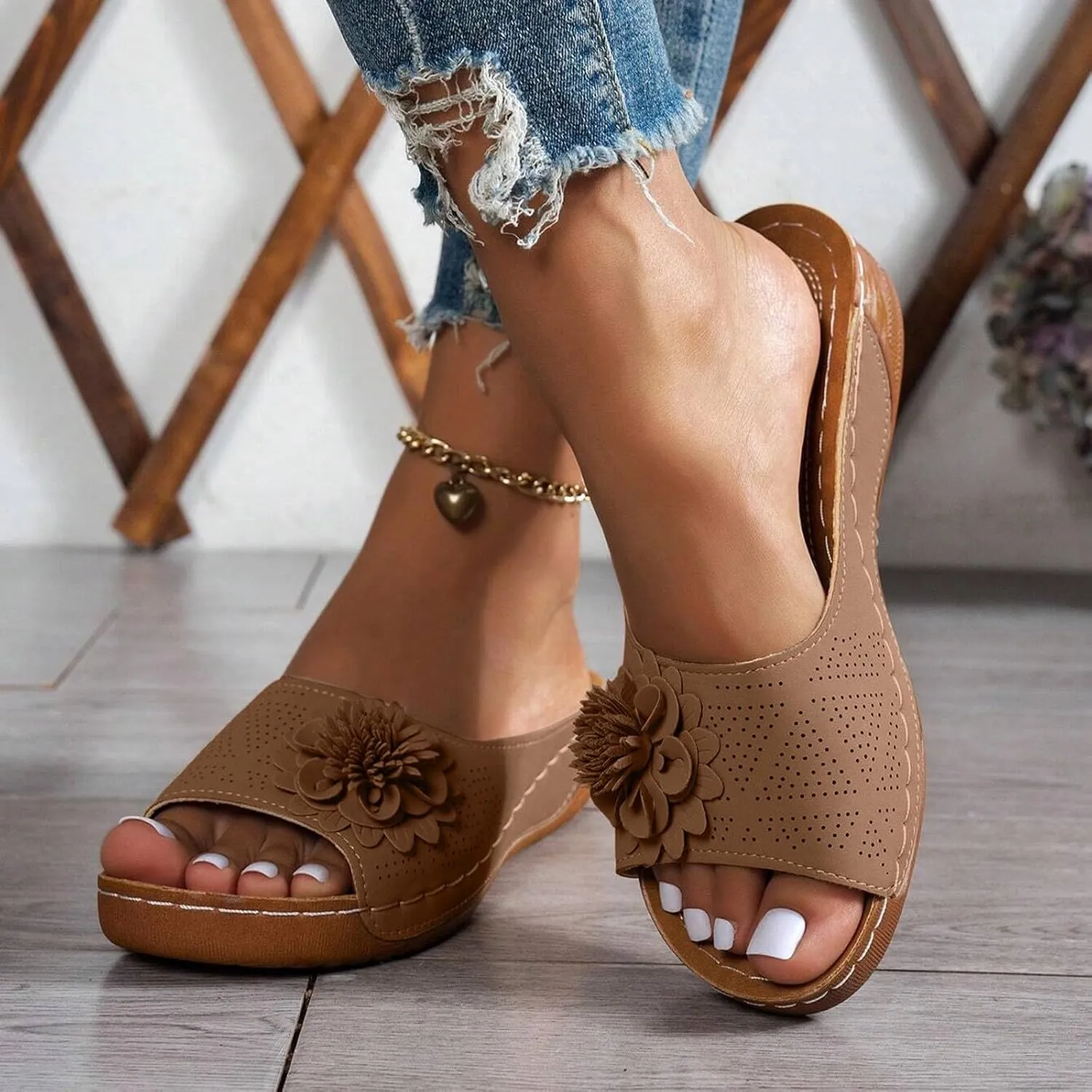 Flowers Orthopedic Sandals for Women Arch Support Fish Mouth Open Toe Leather Slippers Wedge Platform Sandal