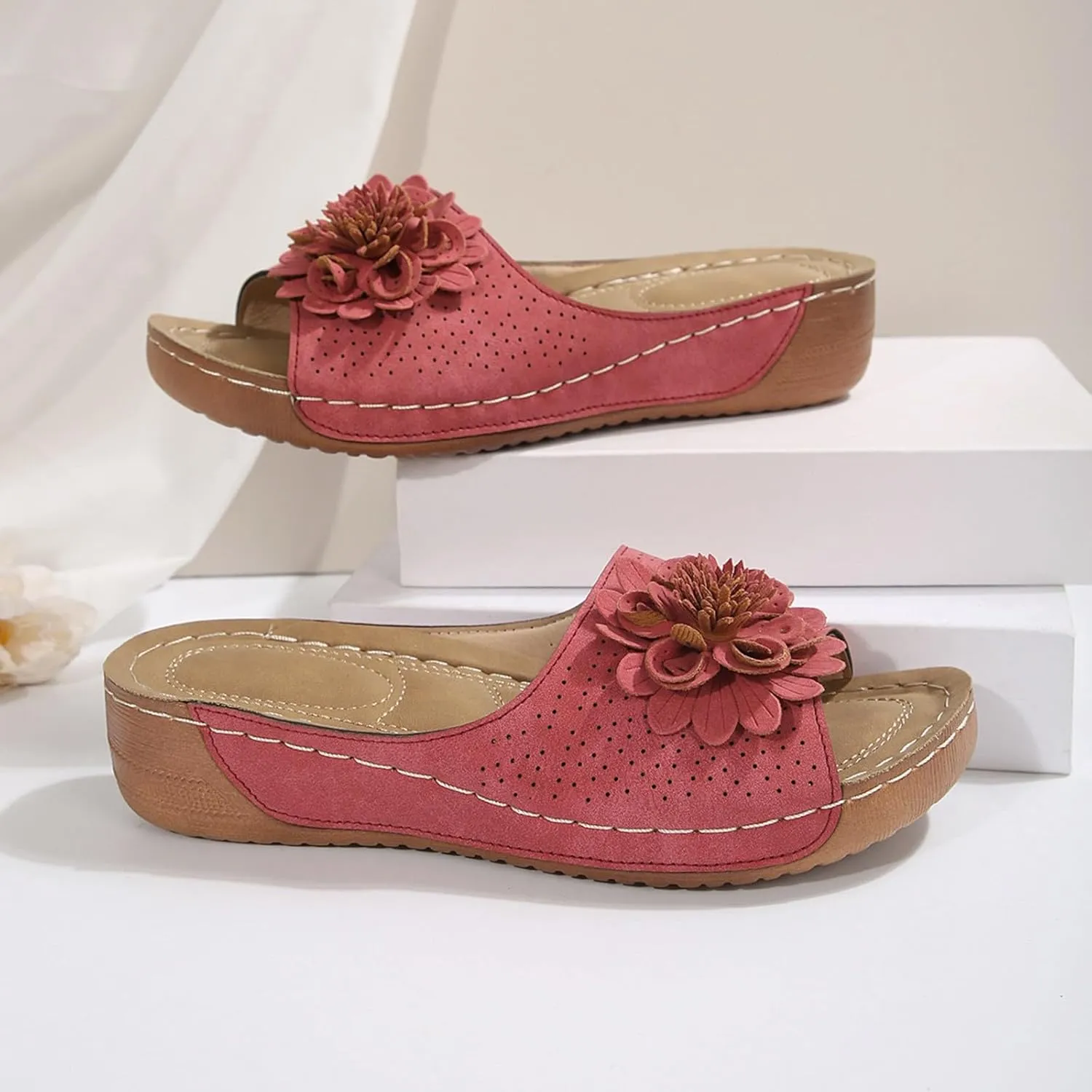 Flowers Orthopedic Sandals for Women Arch Support Fish Mouth Open Toe Leather Slippers Wedge Platform Sandal