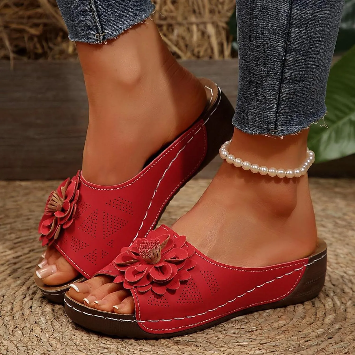 Flowers Orthopedic Sandals for Women Arch Support Fish Mouth Open Toe Leather Slippers Wedge Platform Sandal