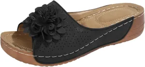 Flowers Orthopedic Sandals for Women Arch Support Fish Mouth Open Toe Leather Slippers Wedge Platform Sandal