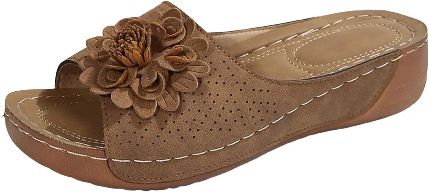 Flowers Orthopedic Sandals for Women Arch Support Fish Mouth Open Toe Leather Slippers Wedge Platform Sandal