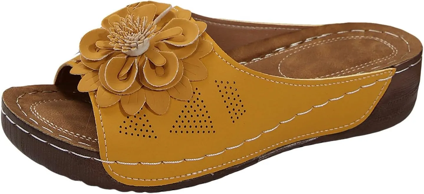 Flowers Orthopedic Sandals for Women Arch Support Fish Mouth Open Toe Leather Slippers Wedge Platform Sandal