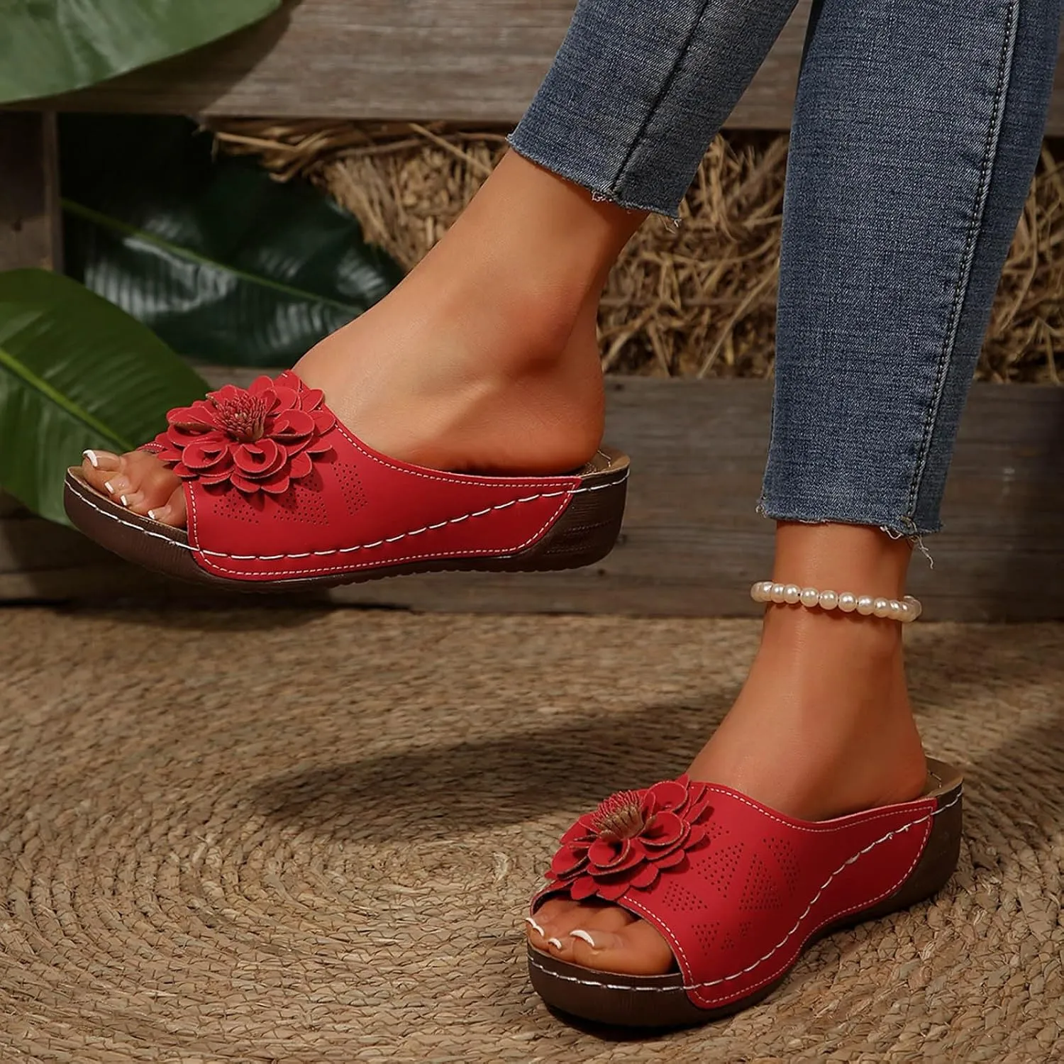 Flowers Orthopedic Sandals for Women Arch Support Fish Mouth Open Toe Leather Slippers Wedge Platform Sandal