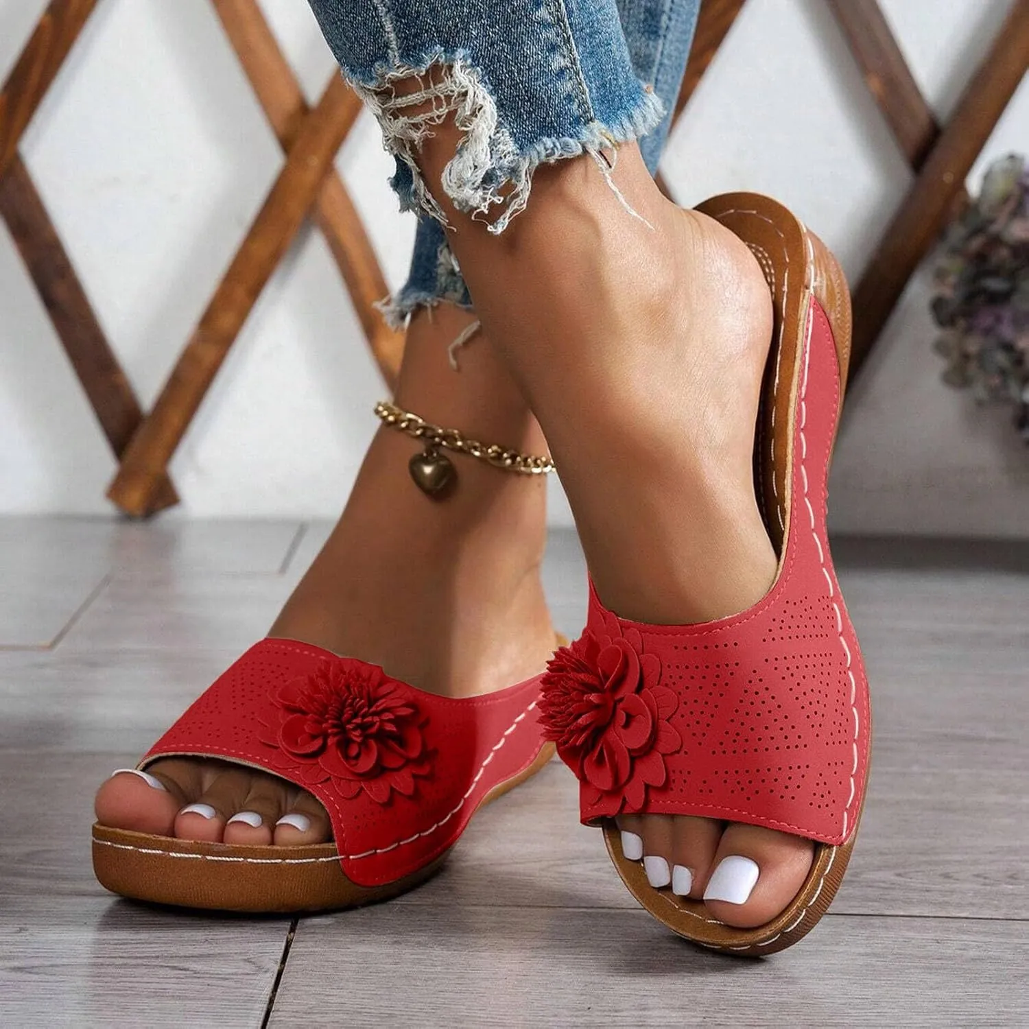 Flowers Orthopedic Sandals for Women Arch Support Fish Mouth Open Toe Leather Slippers Wedge Platform Sandal