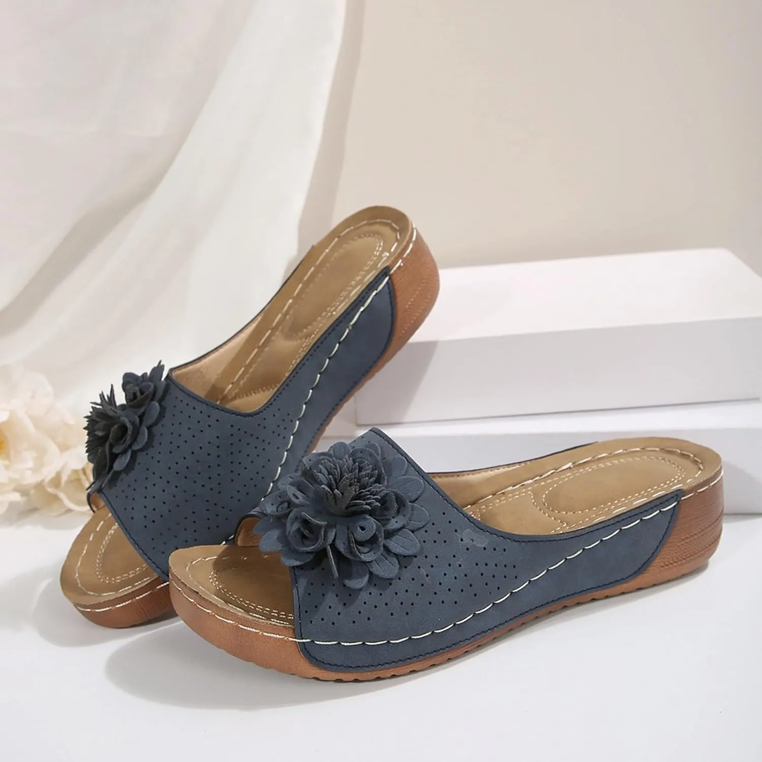 Flowers Orthopedic Sandals for Women Arch Support Fish Mouth Open Toe Leather Slippers Wedge Platform Sandal