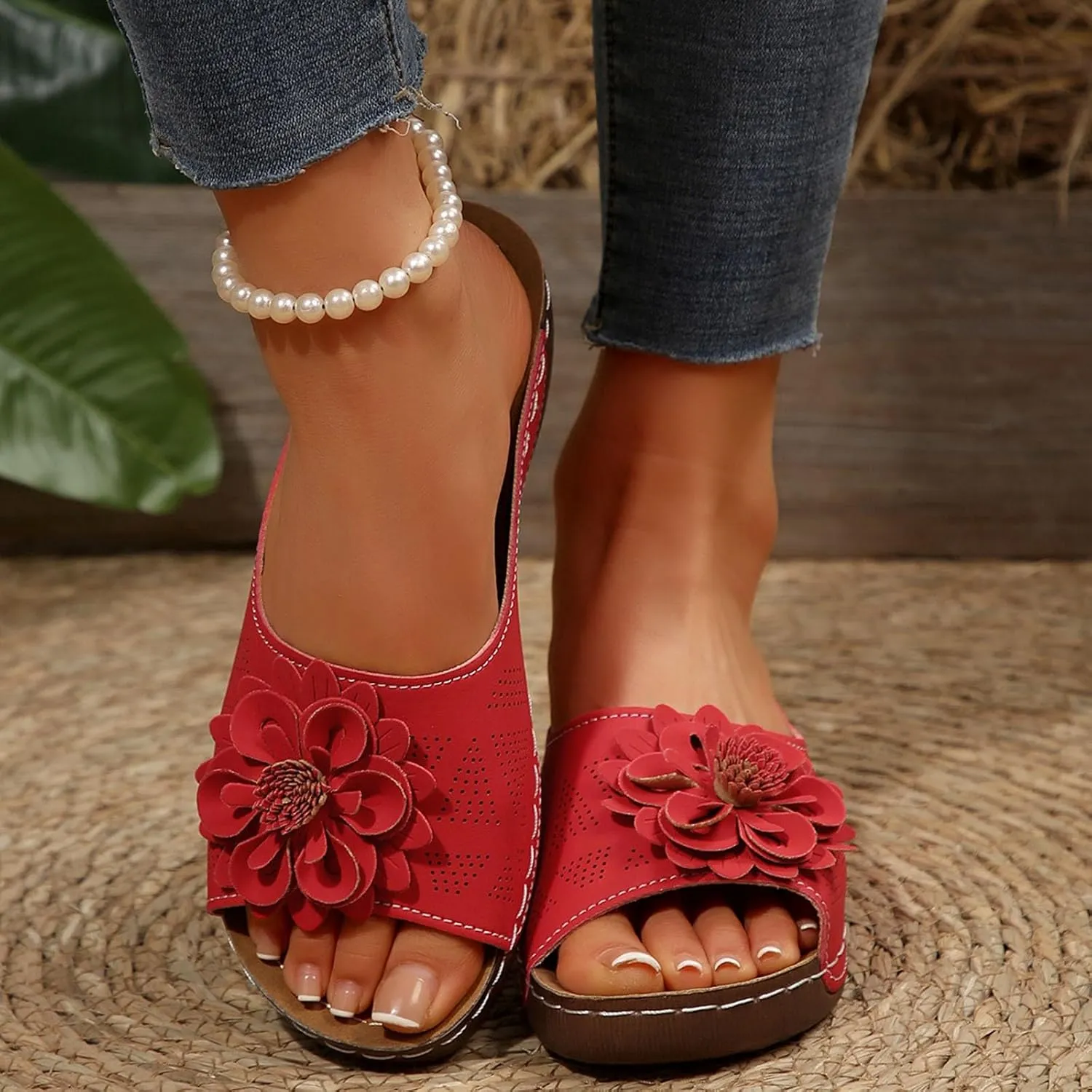 Flowers Orthopedic Sandals for Women Arch Support Fish Mouth Open Toe Leather Slippers Wedge Platform Sandal