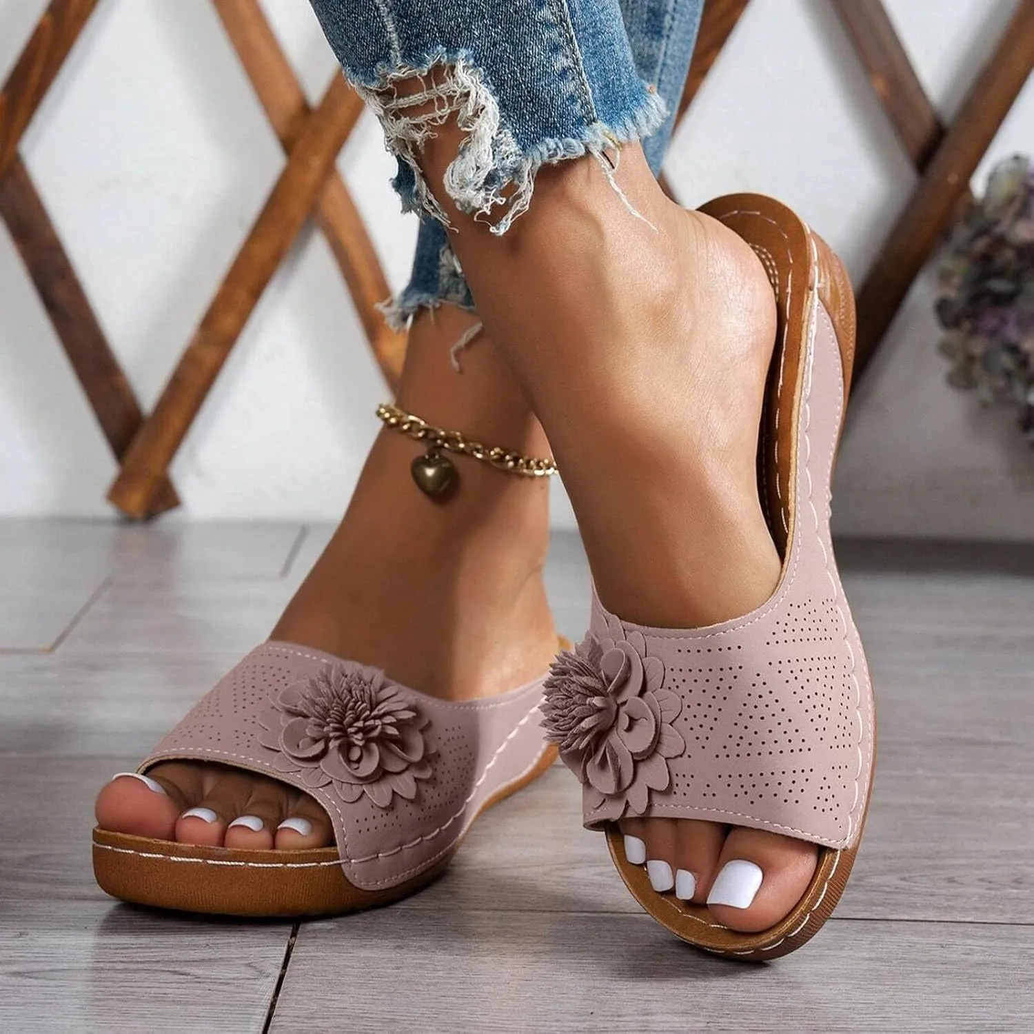 Flowers Orthopedic Sandals for Women Arch Support Fish Mouth Open Toe Leather Slippers Wedge Platform Sandal