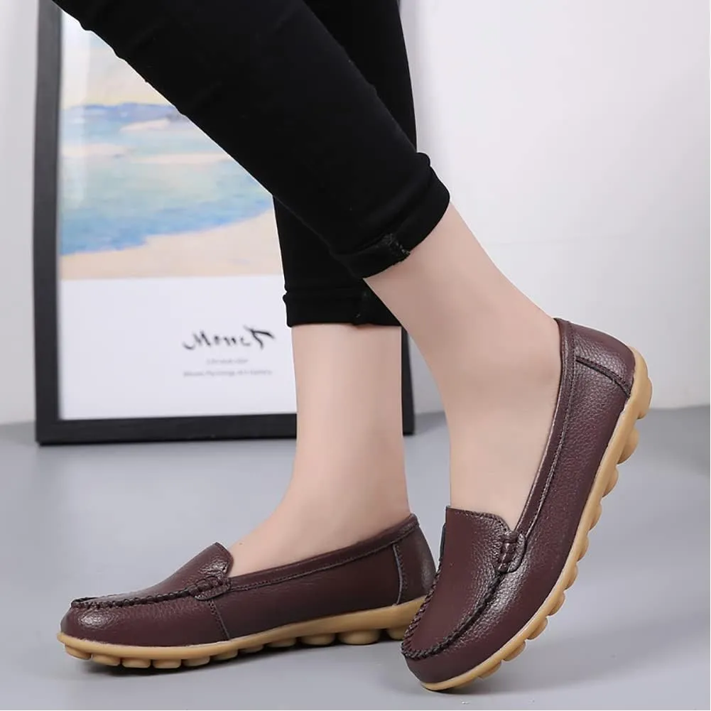 FolHaoth Womens Leather Loafers Comfortable Slip On Flats Casual Shoes Round Toe Moccasins Wild Walking Nurse Breathable Driving Fashion Soft Shoes