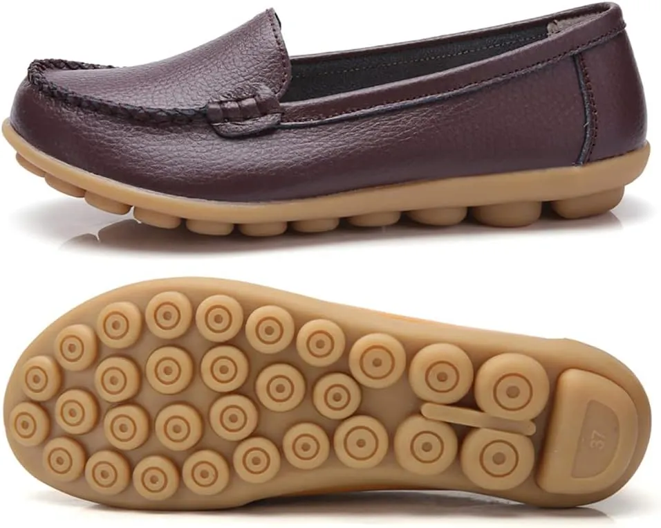 FolHaoth Womens Leather Loafers Comfortable Slip On Flats Casual Shoes Round Toe Moccasins Wild Walking Nurse Breathable Driving Fashion Soft Shoes