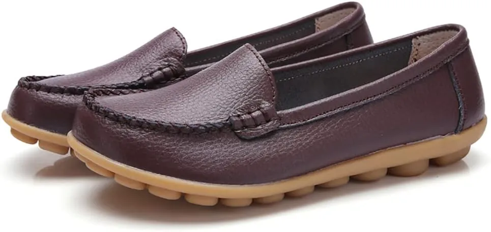 FolHaoth Womens Leather Loafers Comfortable Slip On Flats Casual Shoes Round Toe Moccasins Wild Walking Nurse Breathable Driving Fashion Soft Shoes
