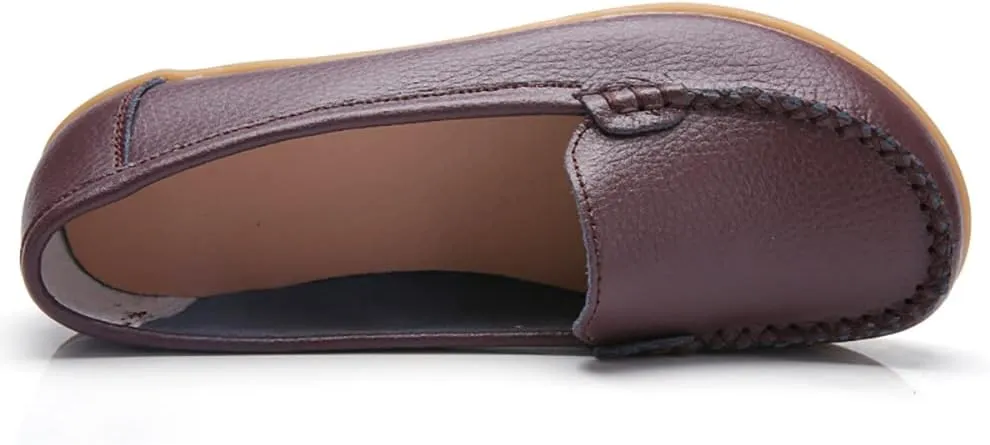 FolHaoth Womens Leather Loafers Comfortable Slip On Flats Casual Shoes Round Toe Moccasins Wild Walking Nurse Breathable Driving Fashion Soft Shoes