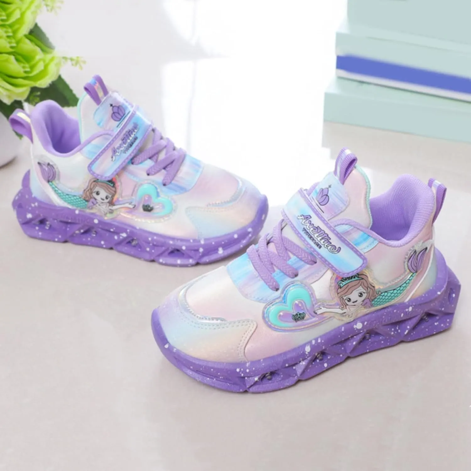 Generic Kids Girls Light Up Mermid Pattern Sneaker Hook Loop Thick Bottom Non Slip Sports Shoes Fashion Casual Shoes