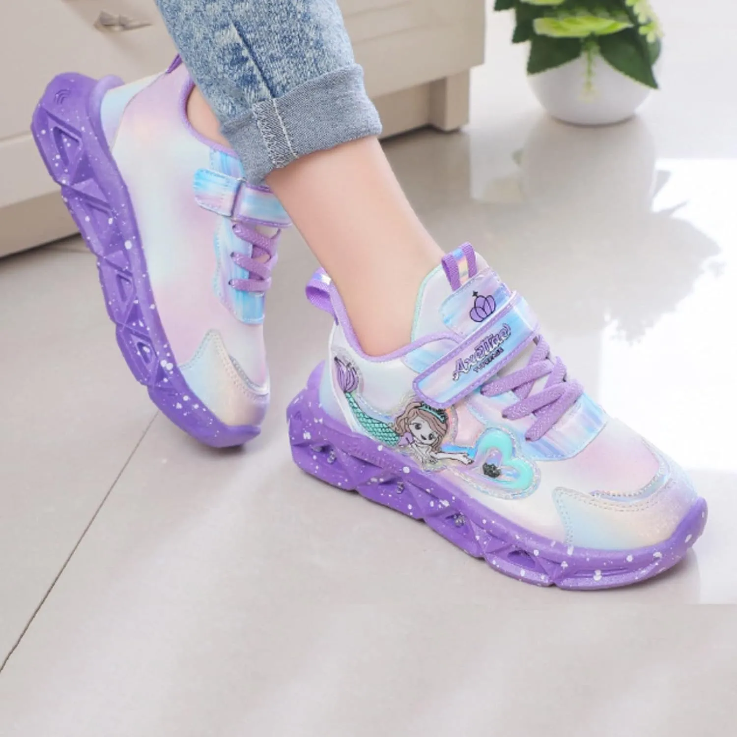 Generic Kids Girls Light Up Mermid Pattern Sneaker Hook Loop Thick Bottom Non Slip Sports Shoes Fashion Casual Shoes