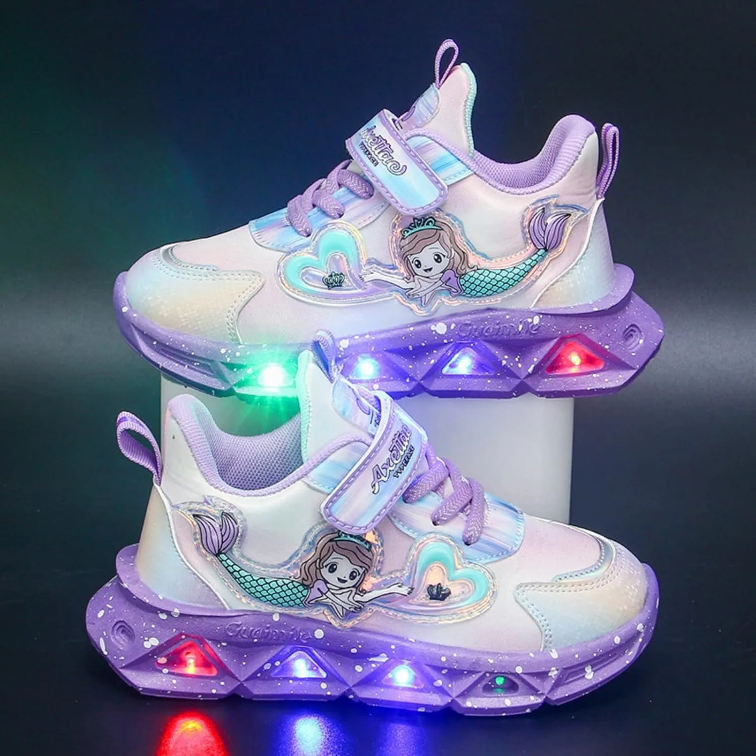 Generic Kids Girls Light Up Mermid Pattern Sneaker Hook Loop Thick Bottom Non Slip Sports Shoes Fashion Casual Shoes