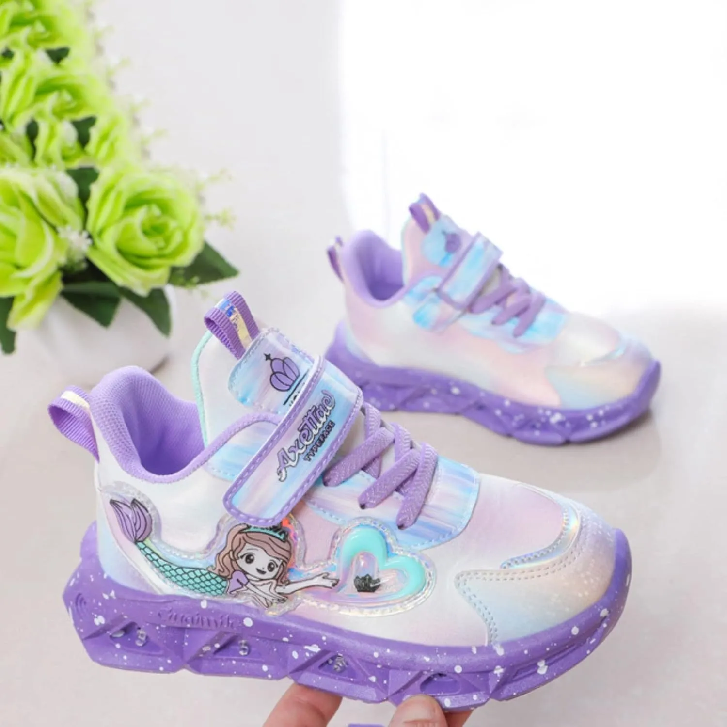 Generic Kids Girls Light Up Mermid Pattern Sneaker Hook Loop Thick Bottom Non Slip Sports Shoes Fashion Casual Shoes