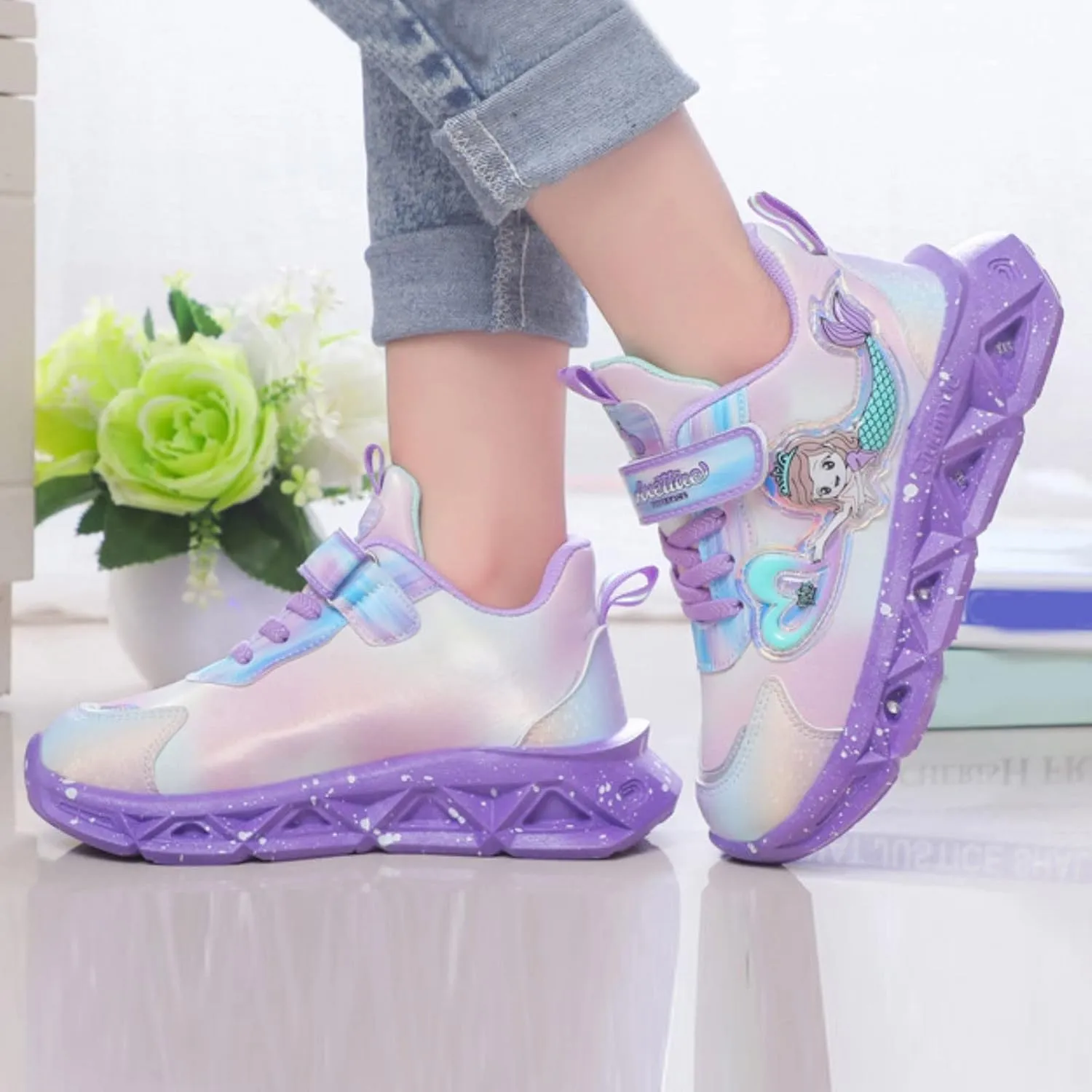 Generic Kids Girls Light Up Mermid Pattern Sneaker Hook Loop Thick Bottom Non Slip Sports Shoes Fashion Casual Shoes