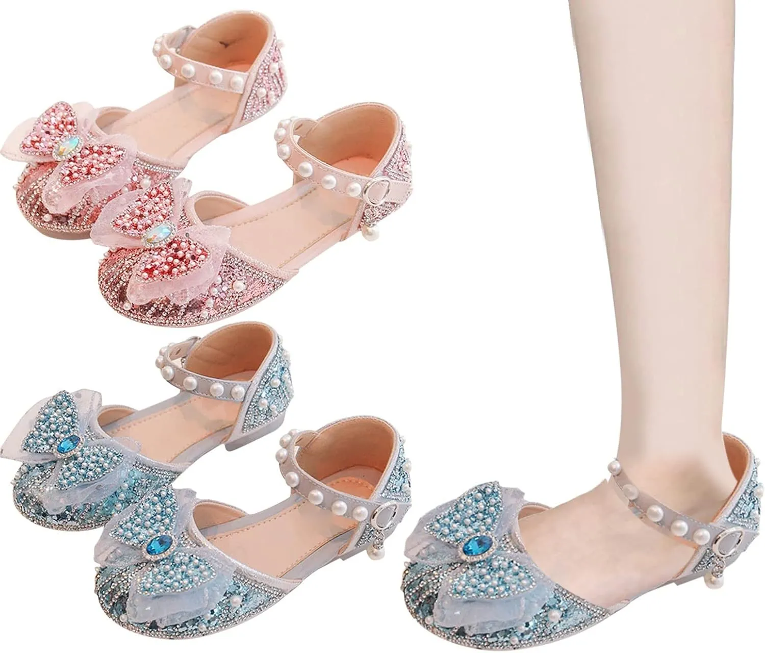 Girl Shoes Autumn New Little Girl Fashionable Princess Shoes Bow Soft Sole Baby Cool Single Shoes Baby Girl Dress Shoes (Blue, 9 Toddler)