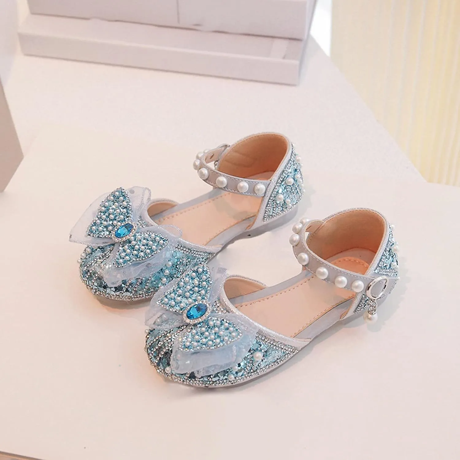 Girl Shoes Autumn New Little Girl Fashionable Princess Shoes Bow Soft Sole Baby Cool Single Shoes Baby Girl Dress Shoes (Blue, 9 Toddler)