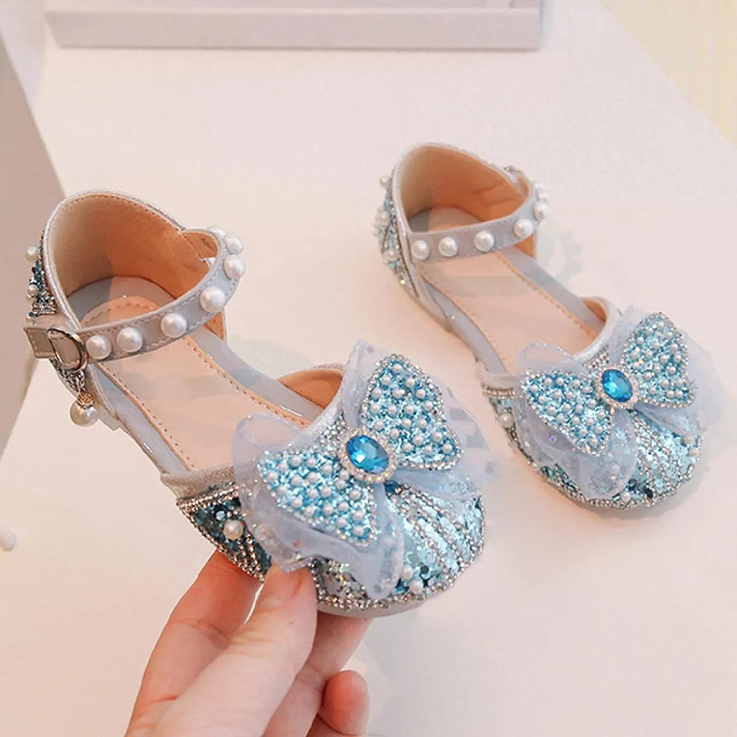 Girl Shoes Autumn New Little Girl Fashionable Princess Shoes Bow Soft Sole Baby Cool Single Shoes Baby Girl Dress Shoes (Blue, 9 Toddler)