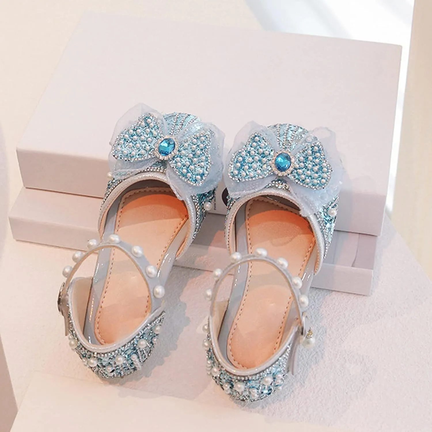 Girl Shoes Autumn New Little Girl Fashionable Princess Shoes Bow Soft Sole Baby Cool Single Shoes Baby Girl Dress Shoes (Blue, 9 Toddler)