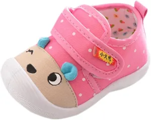 Girl Squeaky Cartoon Sole Shoes - Kid's Soft Slip On's (Pink, 12-18 Months)