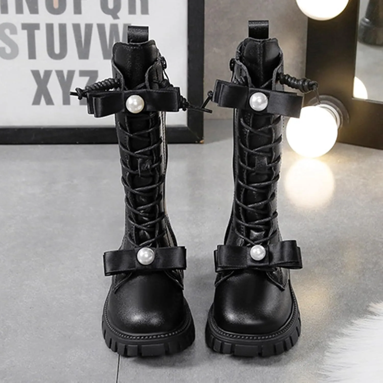 Girls Boots Lace Up Mid Calf Boots Fashion Faux Leather Boots Breathable Warm Winter Boots Cute Dress Shoes for Girls