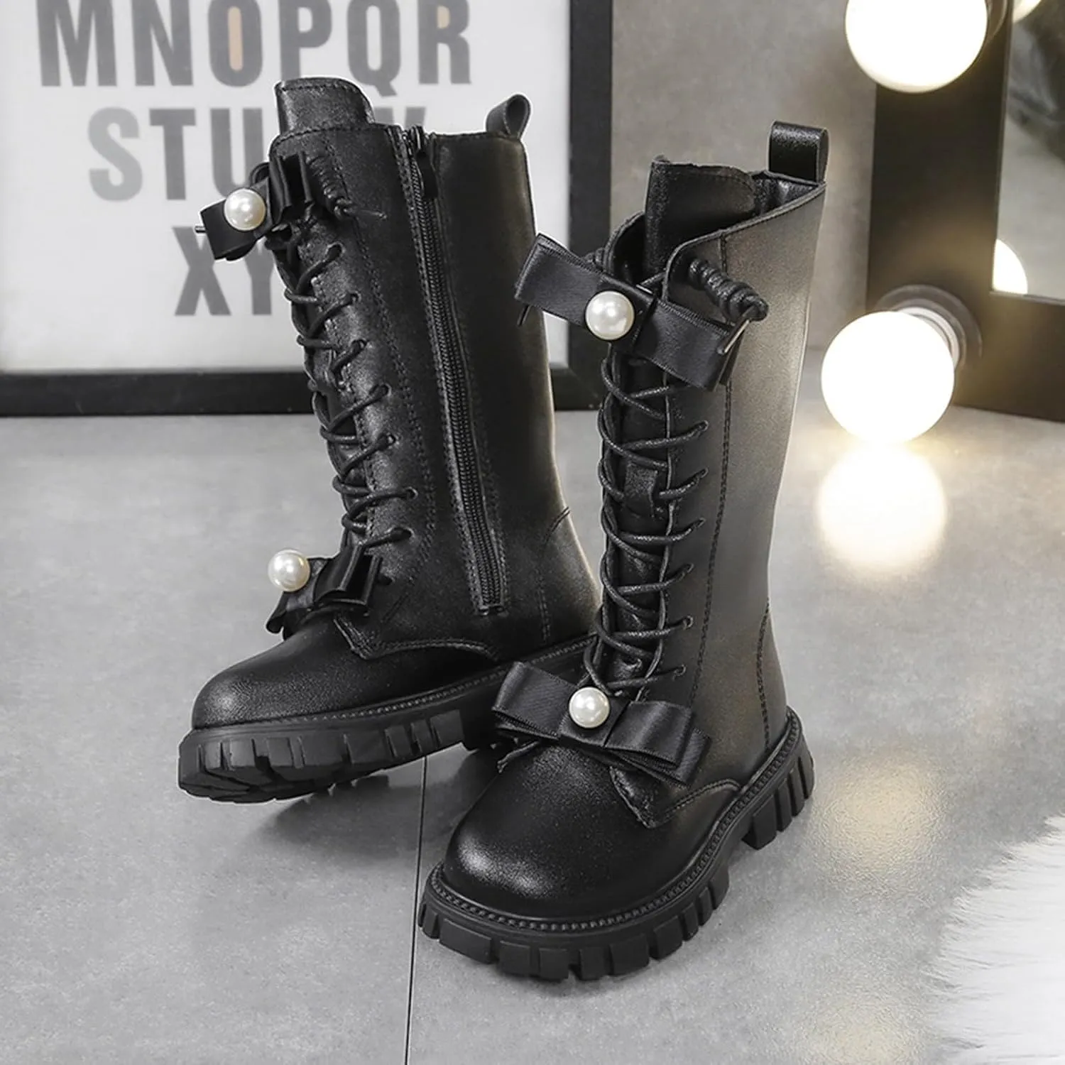 Girls Boots Lace Up Mid Calf Boots Fashion Faux Leather Boots Breathable Warm Winter Boots Cute Dress Shoes for Girls