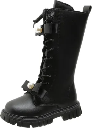 Girls Boots Lace Up Mid Calf Boots Fashion Faux Leather Boots Breathable Warm Winter Boots Cute Dress Shoes for Girls