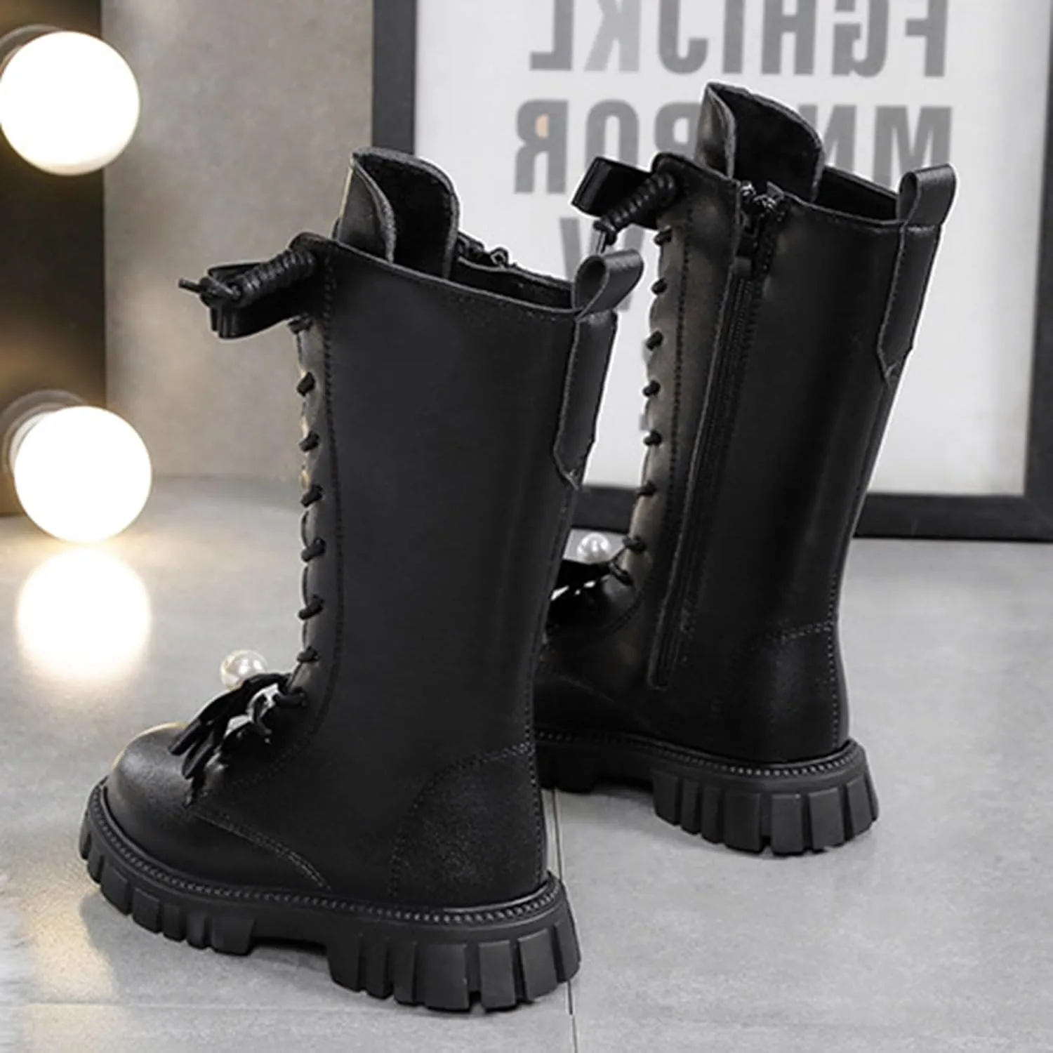 Girls Boots Lace Up Mid Calf Boots Fashion Faux Leather Boots Breathable Warm Winter Boots Cute Dress Shoes for Girls