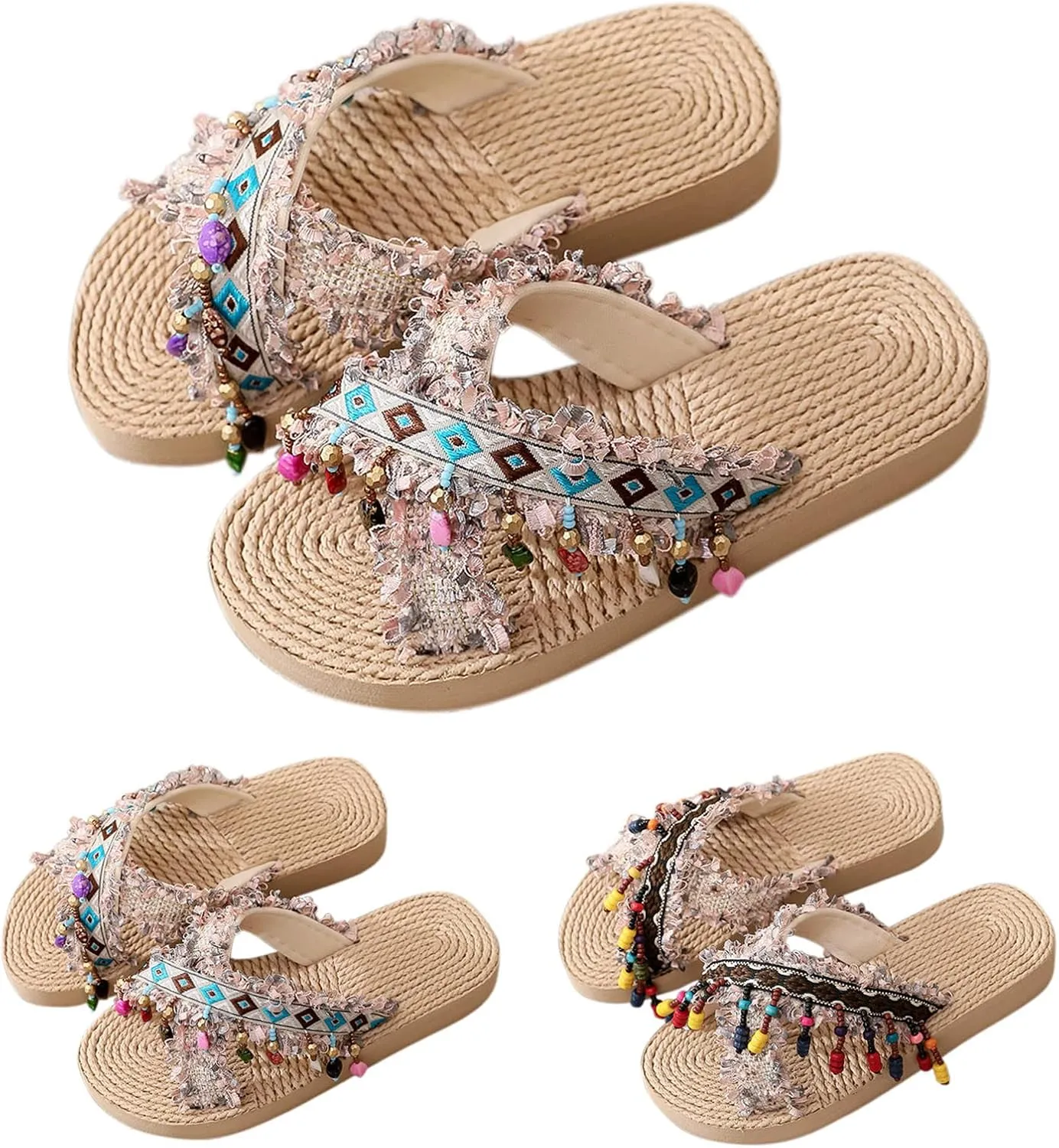 Girl's Summer Woven Slippers Flat Thick Bottom Light Ethnic Tassel Boho Slippers Sandals Kids Summer Slippers Boys
