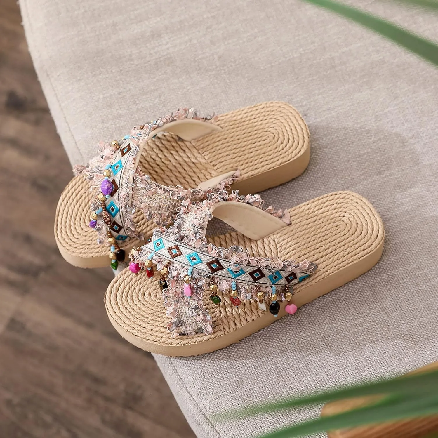 Girl's Summer Woven Slippers Flat Thick Bottom Light Ethnic Tassel Boho Slippers Sandals Kids Summer Slippers Boys