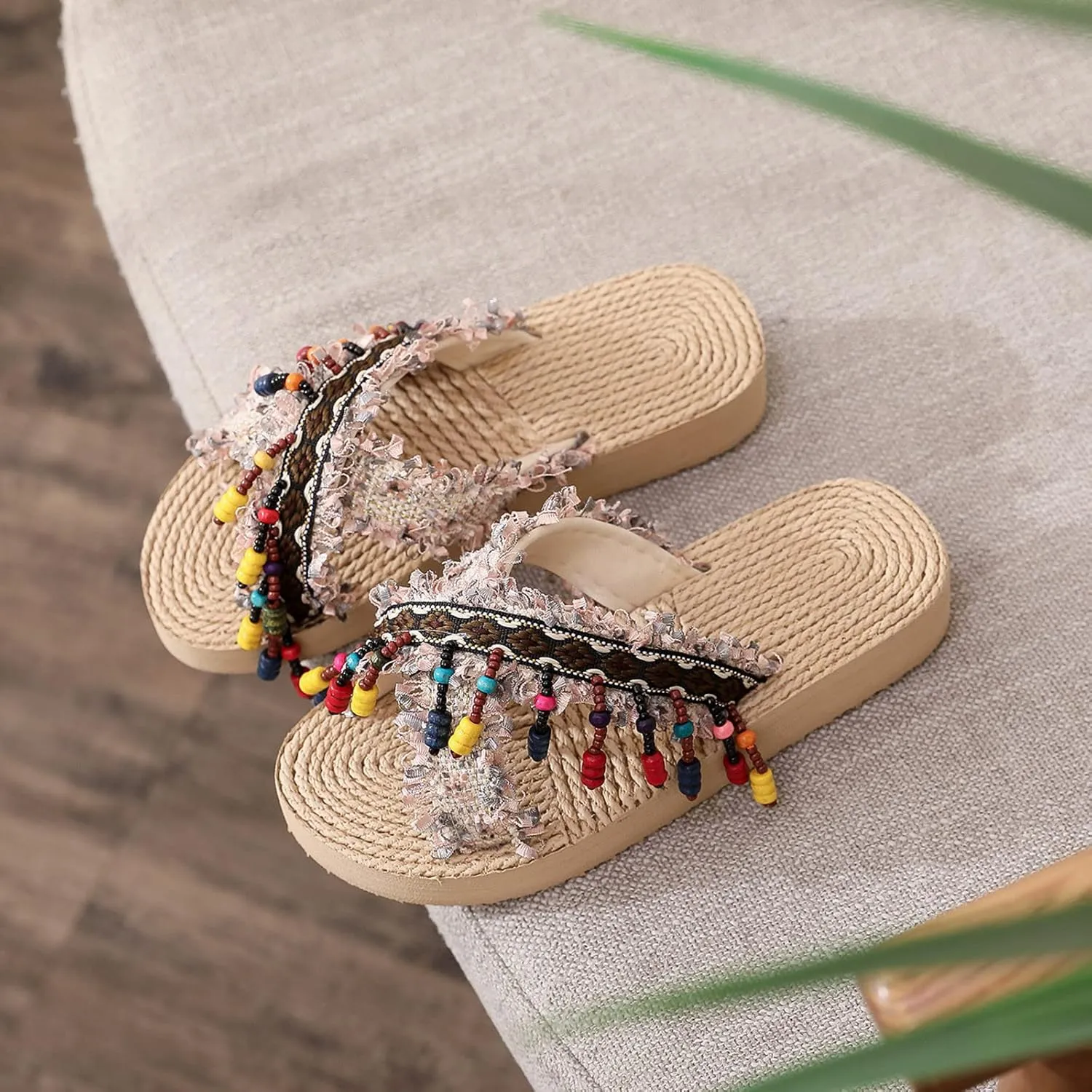 Girl's Summer Woven Slippers Flat Thick Bottom Light Ethnic Tassel Boho Slippers Sandals Kids Summer Slippers Boys