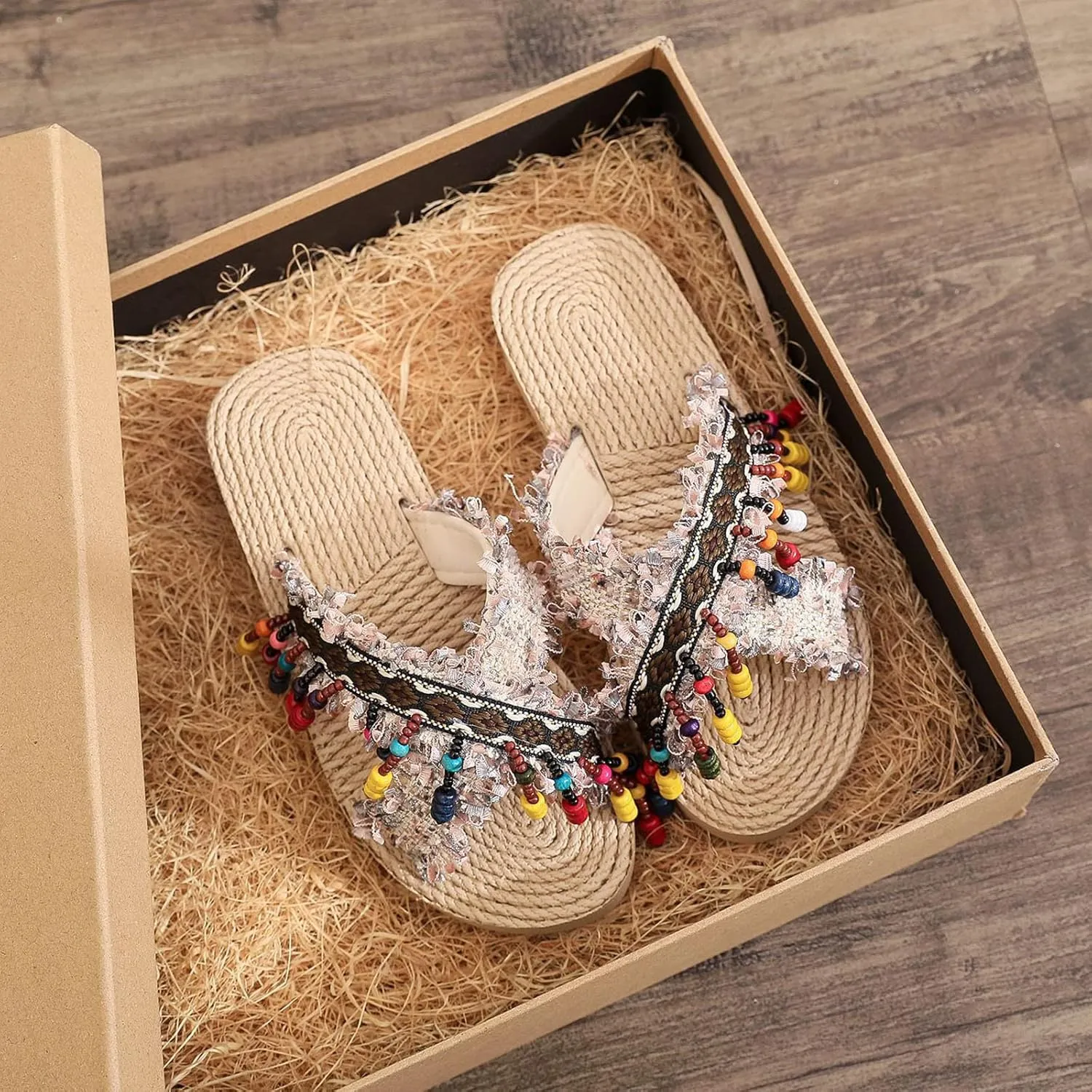 Girl's Summer Woven Slippers Flat Thick Bottom Light Ethnic Tassel Boho Slippers Sandals Kids Summer Slippers Boys