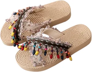 Girl's Summer Woven Slippers Flat Thick Bottom Light Ethnic Tassel Boho Slippers Sandals Kids Summer Slippers Boys