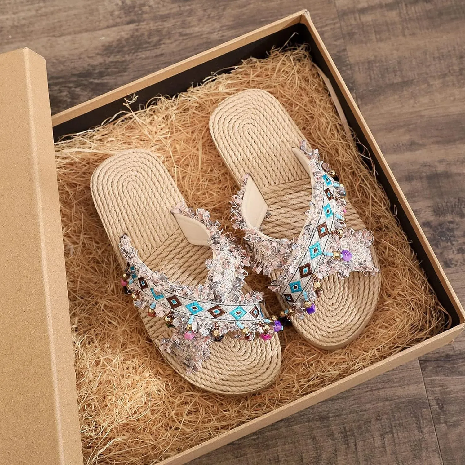 Girl's Summer Woven Slippers Flat Thick Bottom Light Ethnic Tassel Boho Slippers Sandals Kids Summer Slippers Boys